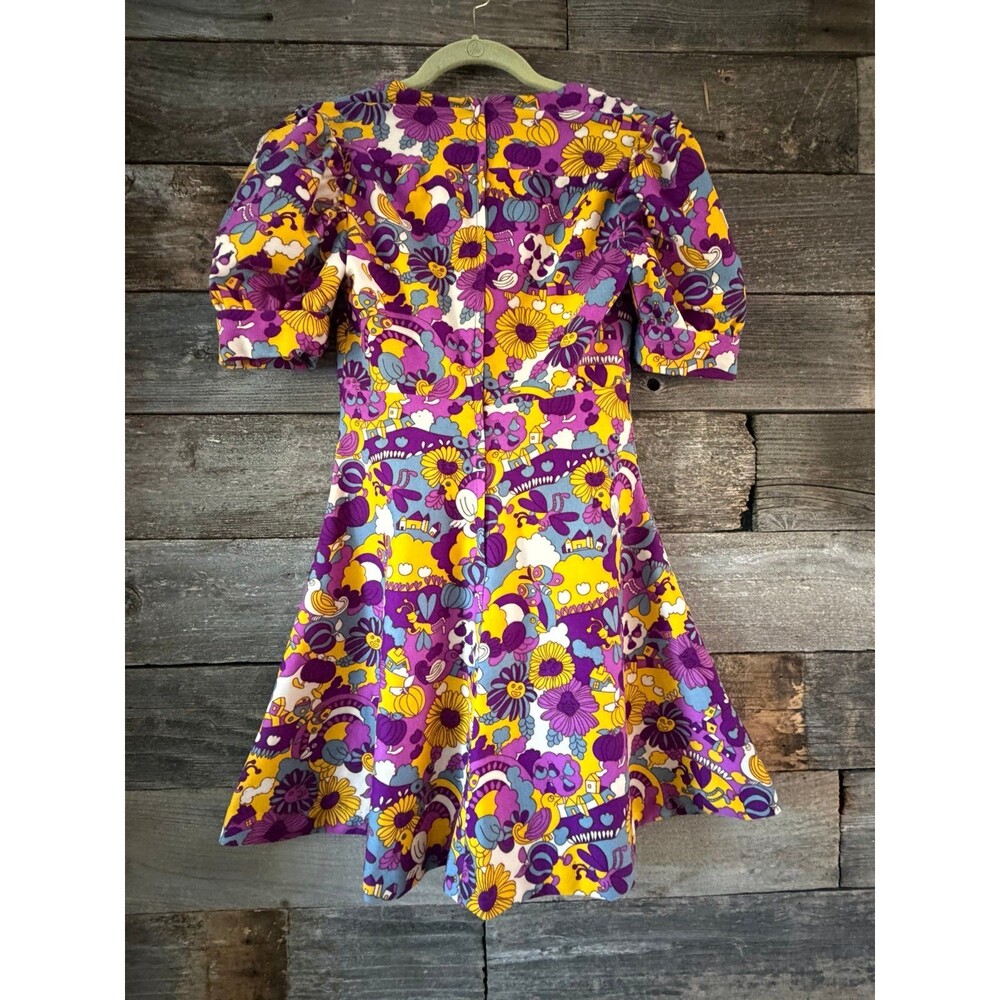Vintage 60s 70s Handmade Psychedelic Novelty Print Mini Dress Puff Sleeve XS - Picture 5 of 8